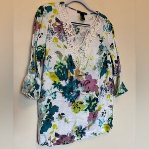 Grace Elements Linen Blend Top Sz L Boho Floral Lace V-Neck 3/4 Sleeves  Peasant